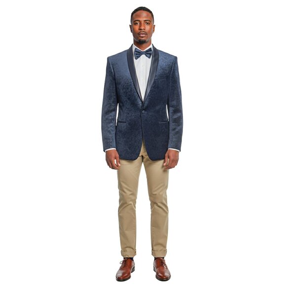 Empire™ Fuzzy Textured Velvet Dinner Jacket Modern-Fit, Satin Shawl Lapel, Navy - Picture 5 of 5